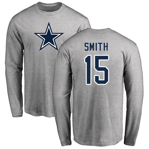 Men Dallas Cowboys Ash Devin Smith Name and Number Logo #15 Long Sleeve Nike NFL T Shirt